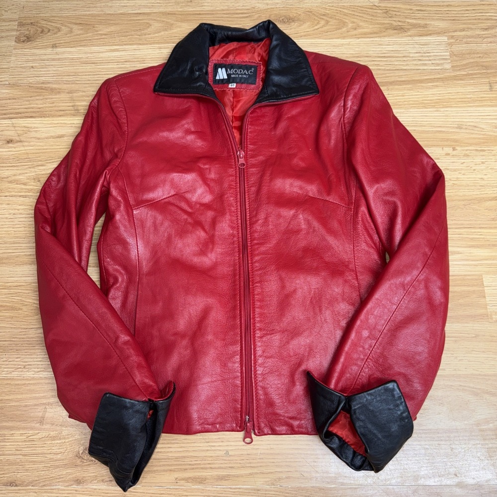 Modac women's red leather zip jacket made in Italy size 40